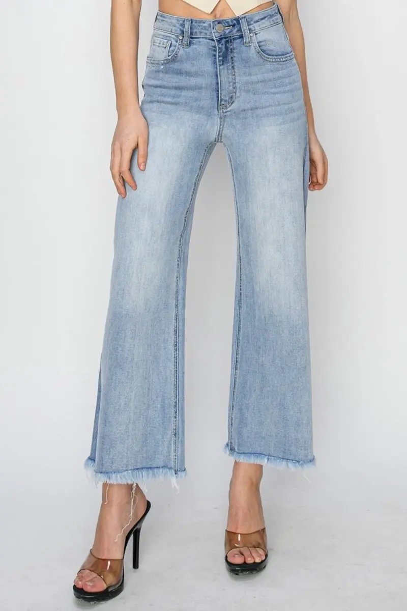 RISEN High Rise Crop Wide Fray Hem Jeans for Women - Love Salve
